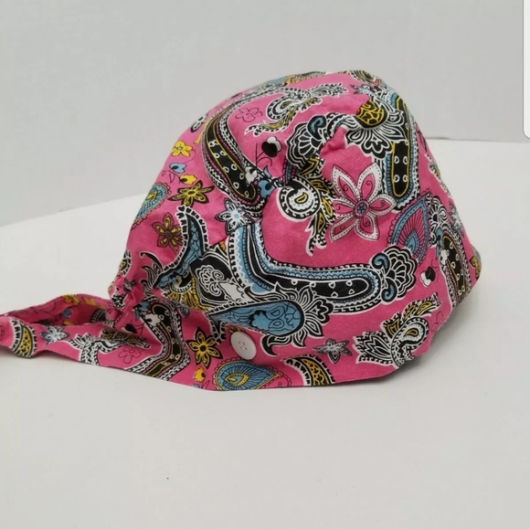 Pink Paisley Ponytail Scrub Cap Ear Saver Buttons - Picture 4 of 8